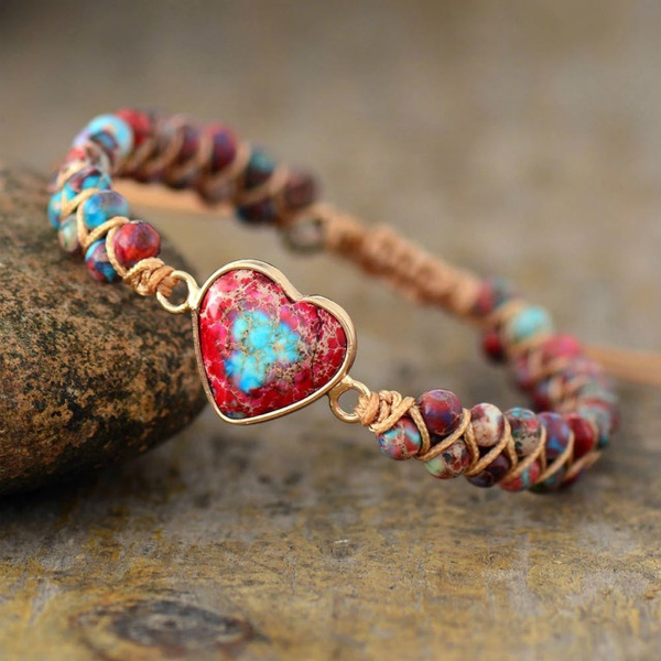 Natural Stone Heart Charm Bracelets String Braided Macrame